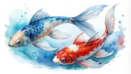 watercolor two koi fish One is red and one is blue. Swimmers swim easily on a white background