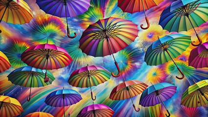 Naklejka premium Colorful umbrellas floating in mid-air amidst a psychedelic background , umbrellas, floating