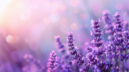 Obraz premium Close up of lavender and violet flowers with space for text in spring