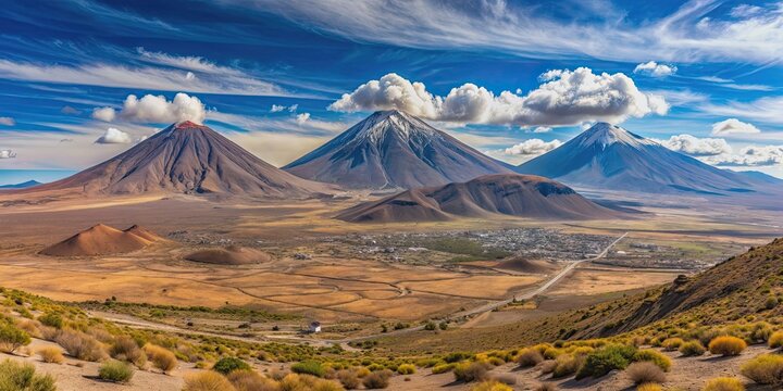 Magnificent panoramic view of Paso Vergara with three striking volcanos in the background Azufre