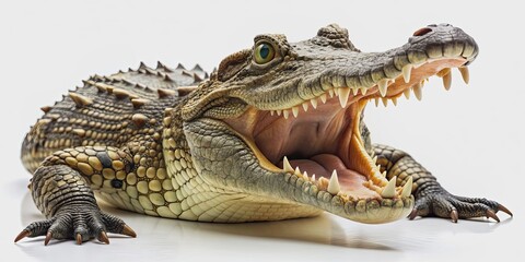 Naklejka premium Dangerous crocodile with open mouth isolated on white background for graphic design projects, crocodile, dangerous
