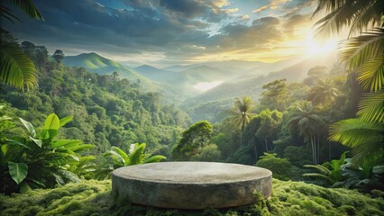 Rock podium in lush tropical forest with a view of the sky in the background, rock, podium, tropical, forest, sky