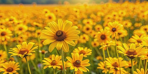 Fototapeta premium Vibrant yellow flowers blooming in a field, blooms, floral, nature, bright, petals, garden, sunny, vibrant, spring, summer, meadow