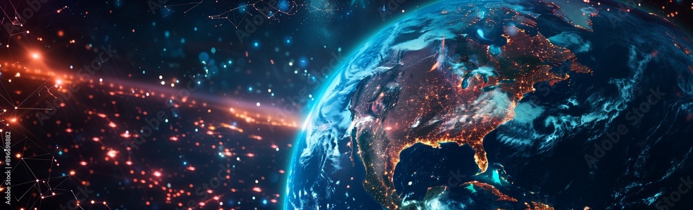 Wall mural planet earth showing globe north america in starry sky viewed from space. digital global network tec