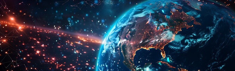 Fototapeta premium Planet Earth showing Globe North America in starry sky viewed from space. Digital global network technology concept. Panoramic banner view. Generative AI