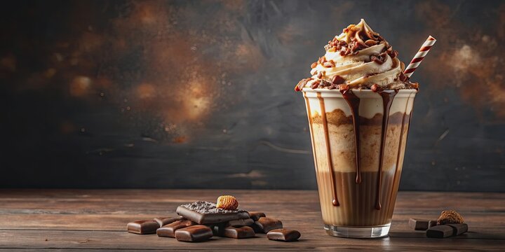 Delicious kit kat shake served with whipped cream and chocolate drizzle, kit kat, shake, whipped cream, chocolate drizzle