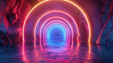 Neon Tunnel with Colorful Glowing Arches