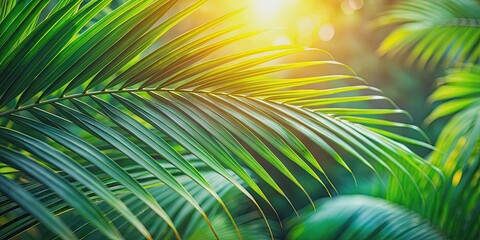 Obraz premium Close-up of palm tree leaves with a blurred background and muted tones, palm tree, leaves, tropical, nature, close-up