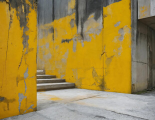 Yellow building with steps leading up to it. The building is an abandoned factory. The paint is scuffed and chipped.  