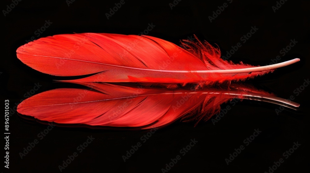 Poster red feather with reflection isolated on black background