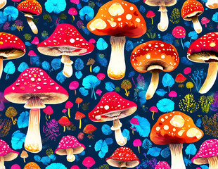 Cluster of various mushrooms in different shapes and sizes set against a plain blue background. The mushrooms exhibit diverse textures and colors, creating an interesting visual contrast.