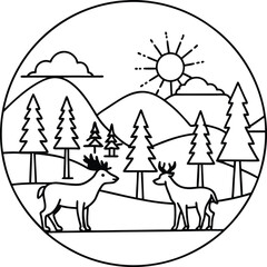 deer with wild forest animals. Reindeer, deer, elk, moose. Woodland wildlife.