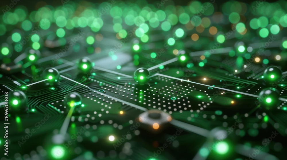 Poster a close-up view of a futuristic green circuit board, featuring glowing green nodes connected by intr