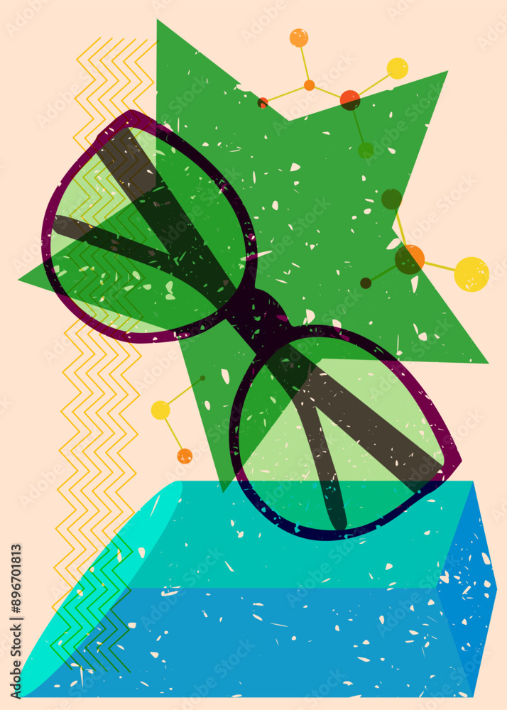 Poster risograph sunglasses with geometric shapes. objects in trendy riso graph print texture style design 