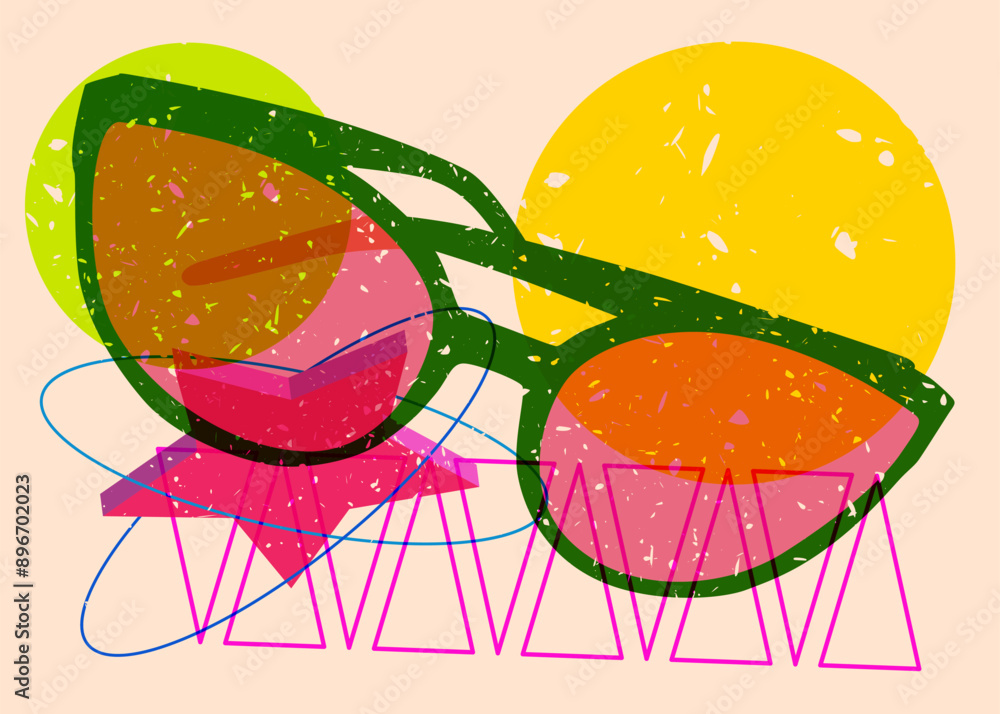 Poster risograph sunglasses with geometric shapes. objects in trendy riso graph print texture style design 