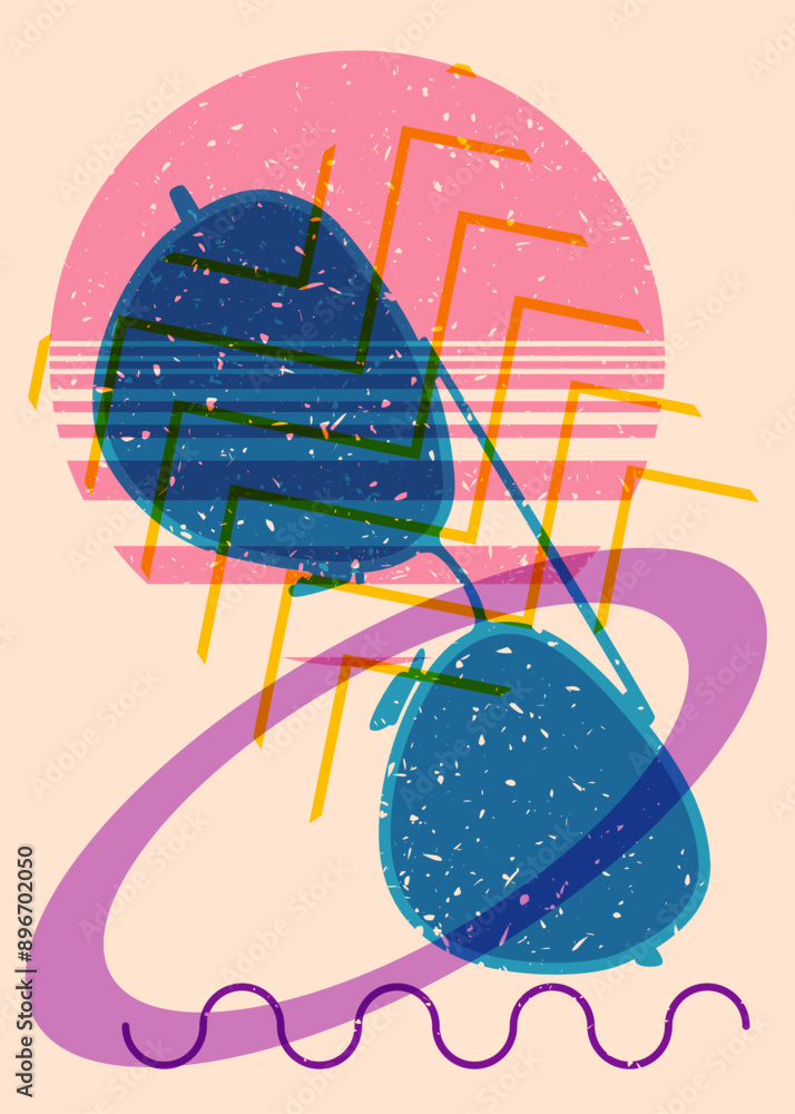 Poster risograph sunglasses with geometric shapes. objects in trendy riso graph print texture style design 