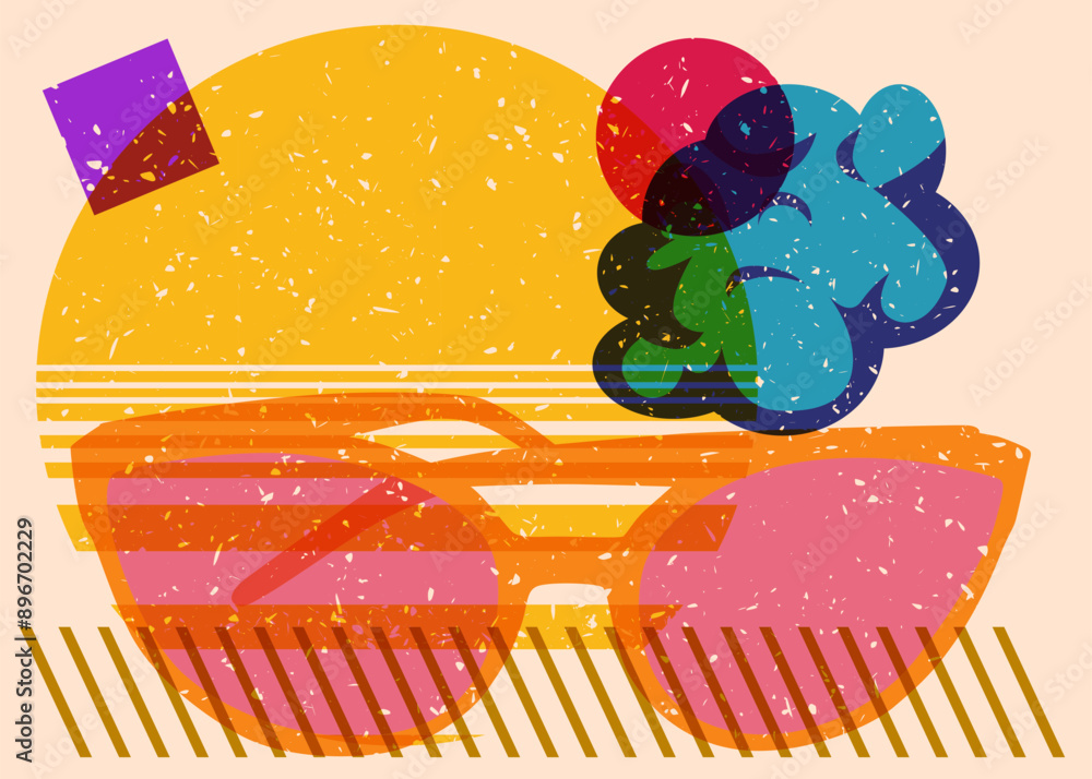Poster risograph sunglasses with geometric shapes. objects in trendy riso graph print texture style design 
