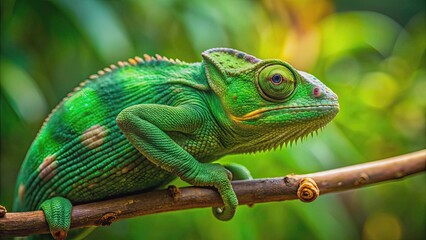 Fototapeta premium Green chameleon blending into branch in natural habitat, camouflage, reptile, wildlife, nature, branch, blending, green