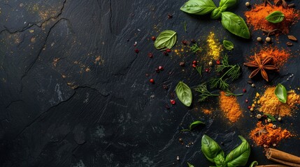Spices powder on black slate background. Food frame. Pepper, turmelic, dill, cinnamon, basil. Top view with copy space.