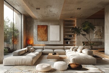 Minimalist living room with sleek furniture white walls and large windows bathed in natural light modern design neutral tones digital rendering
