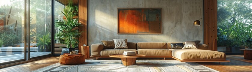 Minimalist living room with sleek furniture white walls and large windows bathed in natural light modern design neutral tones digital rendering