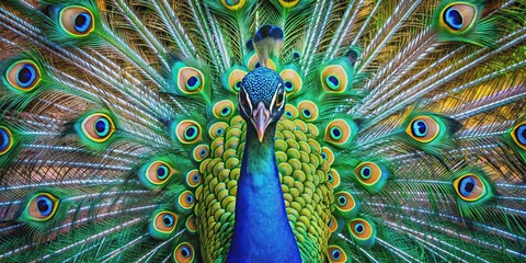 Obraz premium Gorgeous peacock displaying vibrant feathers in an elegant manner, peacock, bird, feathers, colorful, vibrant, beauty