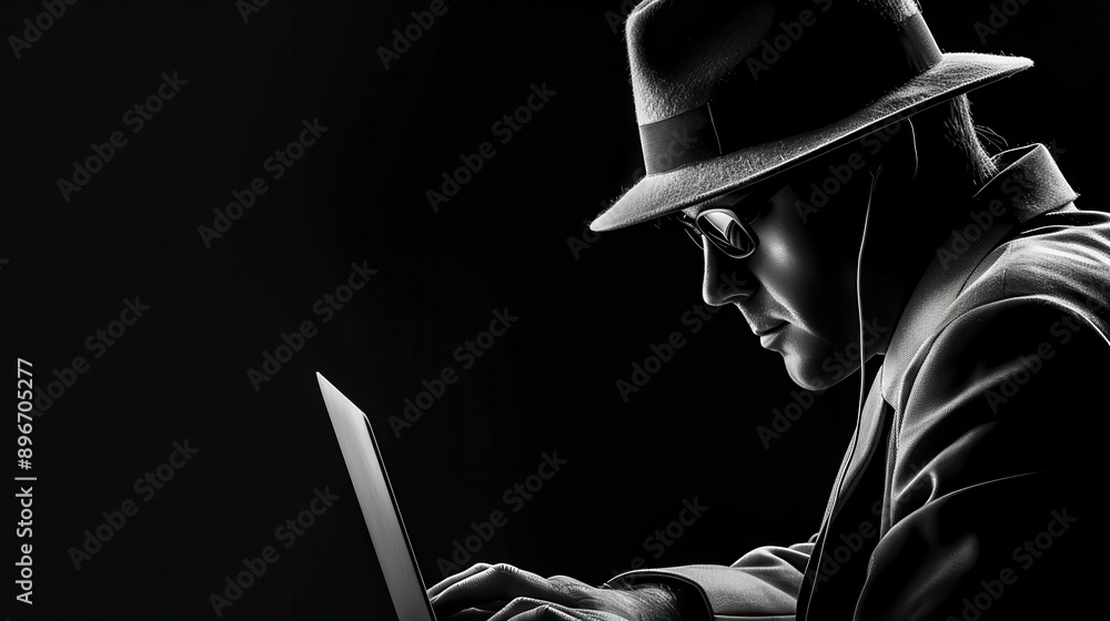 Poster shadowy figure stealing data from a laptop, identity theft, unauthorized access and hacking