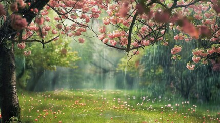 Spring Garden with Raindrops on Blooming Trees