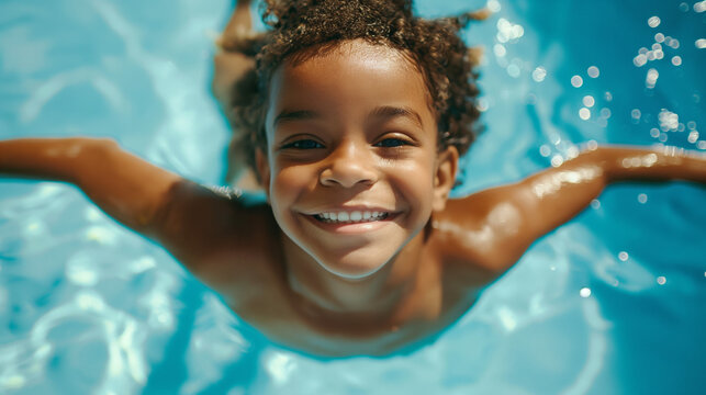 African american young boy with curly hair swims underwater in a clear blue pool, his face looking up and smiling