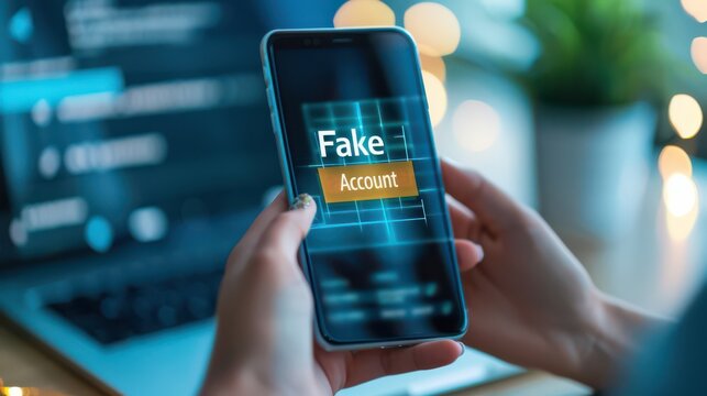 Social media profile with Fake Account stamp, Rip-off, online identity fraud and caution