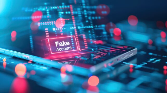 Social media profile with Fake Account stamp, Rip-off, online identity fraud and caution