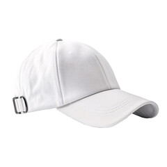 A white baseball cap with a black strap. The cap is made of a soft material and has a black buckle. Isolated on PNGs transparent background