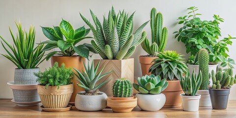 Variety of green houseplants including cactus, succulent, aloe vera, pilea depressa, gasteria duval, parodia warasii
