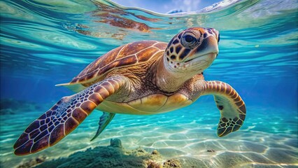 Close up of a sea turtle swimming gracefully in the crystal-clear waters, sea turtle, marine life, close up, underwater