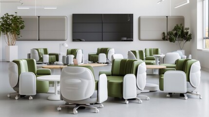 Modern, open office space with sleek, contemporary furniture, green chairs, and a clean design for a collaborative work environment. - Powered by Adobe