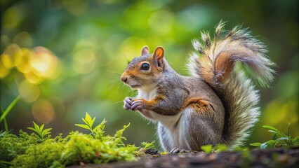 A close-up photo of a playful squirrel with fluffy tail in a lush forest setting, Wildlife, cute, nature, animal, furry