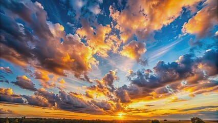 Evening sky with fluffy clouds at sunset, sunset, evening, sky, clouds, fluffy, nature, weather, atmospheric, peaceful