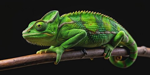Fototapeta premium Green chameleon camouflaged on black background, chameleon, reptile, nature, green, camouflage, isolated, animal, creature