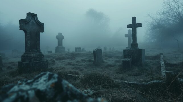 Misty graveyard with ancient tombstones