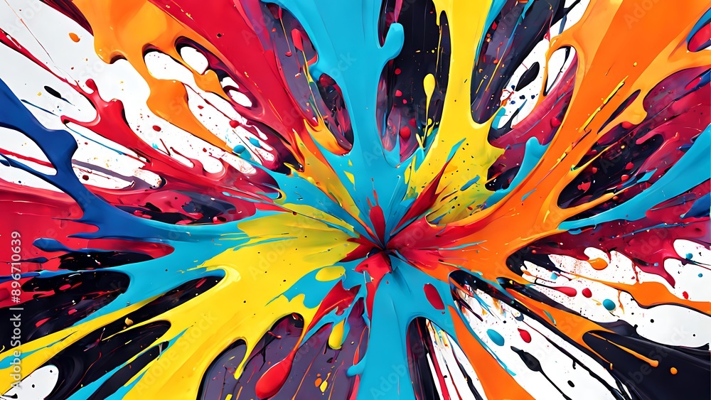 Poster abstract splatter paint in bold, contrasting colors, creating a dynamic and energetic visual impact