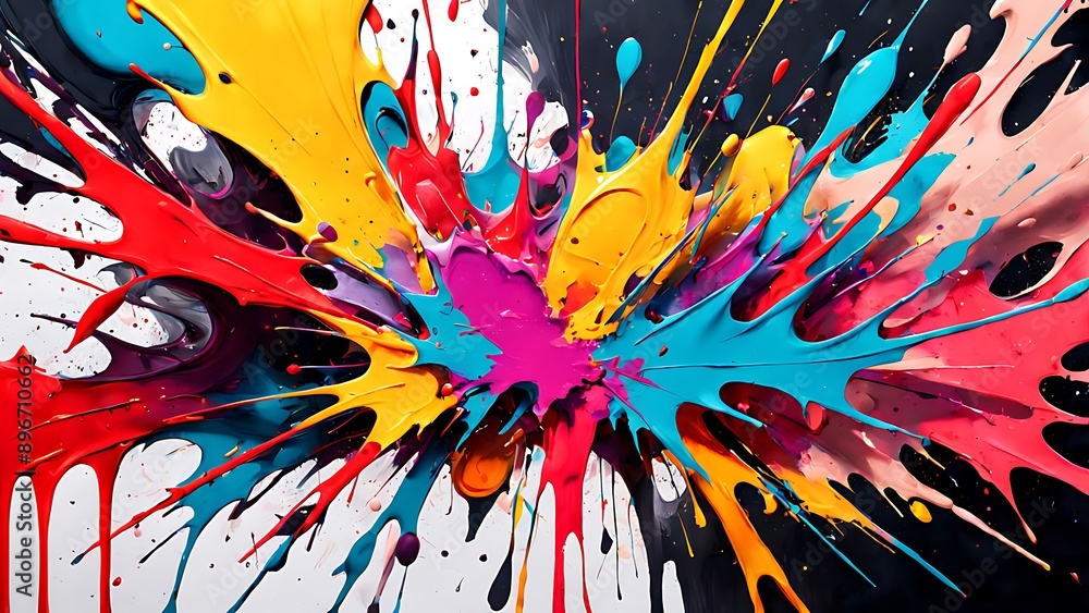 Poster abstract splatter paint in bold, contrasting colors, creating a dynamic and energetic visual impact