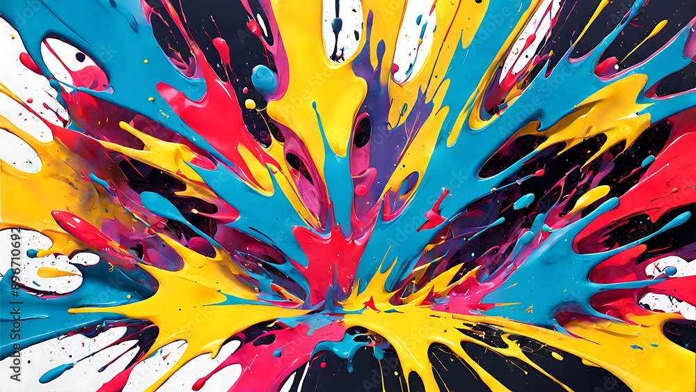 Poster abstract splatter paint in bold, contrasting colors, creating a dynamic and energetic visual impact