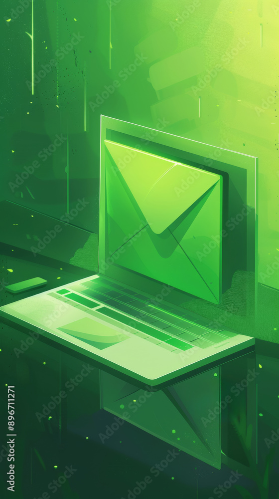 Poster laptop with a large email icon in a futuristic green digital environment