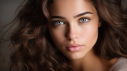Fototapeta premium Close-Up Portrait of a Young Woman with Long Brown Hair