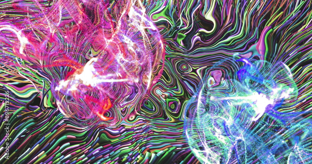 Poster image of colourful mesh and shapes moving on black background