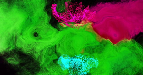 Image of glowing pink and blue mesh moving over waving green and pink background