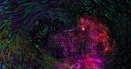 Image of glowing pink mesh moving over waving multi coloured background