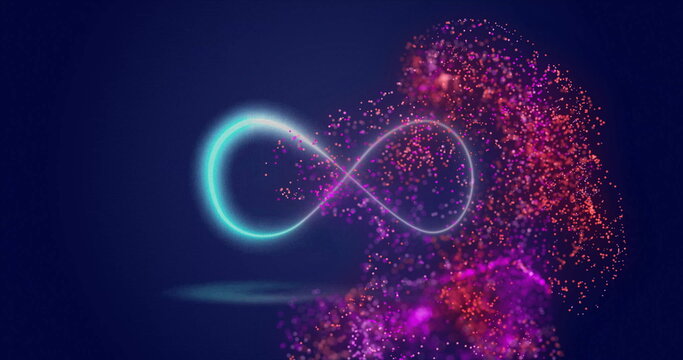 Image of glowing pink mesh moving over infinity sign on blue background