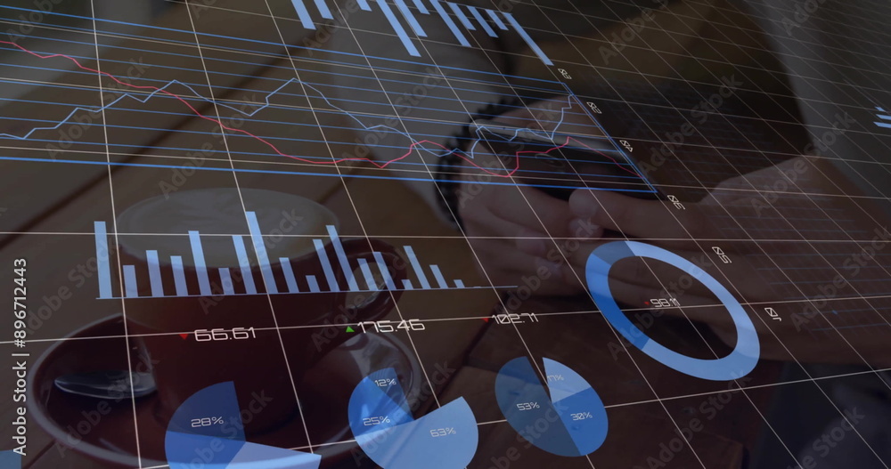 Poster image of financial data processing over caucasian businessman using smartphone