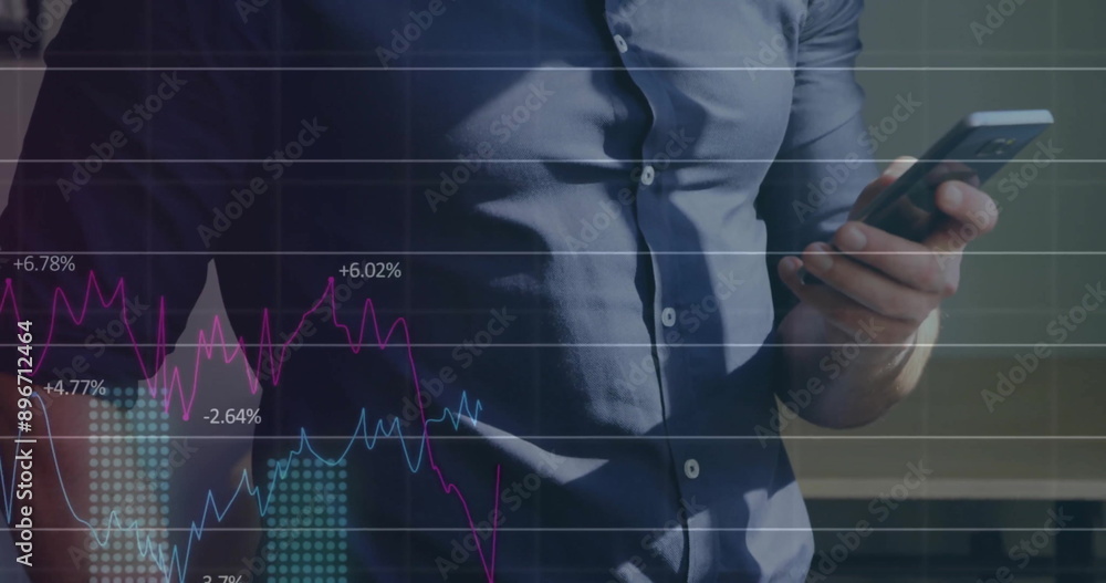 Poster image of financial data processing over caucasian businessman using smartphone